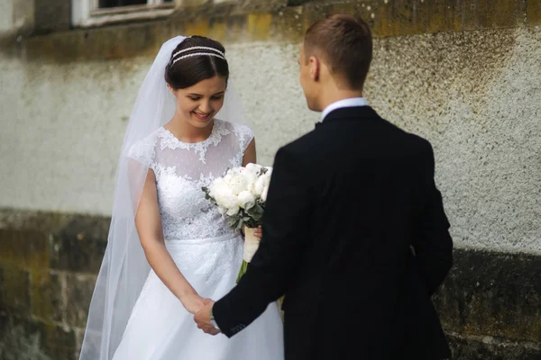 Os recém-casados felizes passam o tempo juntos no dia do casamento. Esguicho e noiva — Fotografia de Stock