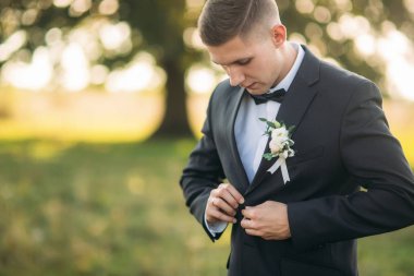 Damat papyon ayarlar. Yakışıklı adam alan büyük ağaç arka planda ortasında ayakta