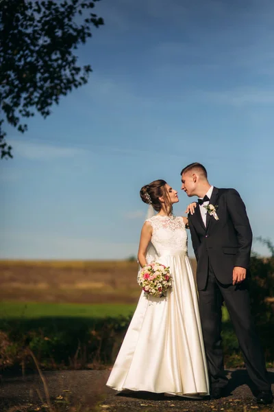 Märchenhaftes Hochzeitspaar steht vor blauem Himmel — Stockfoto