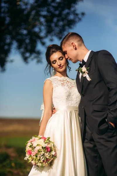 Casal de conto de fadas casal fica no fundo do céu azul — Fotografia de Stock