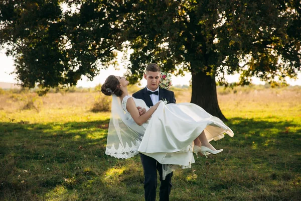 Groom prendre la mariée dans ses bras et l'a portée au champ en arrière-plan de grand arbre. Groom embrasse mariée — Photo