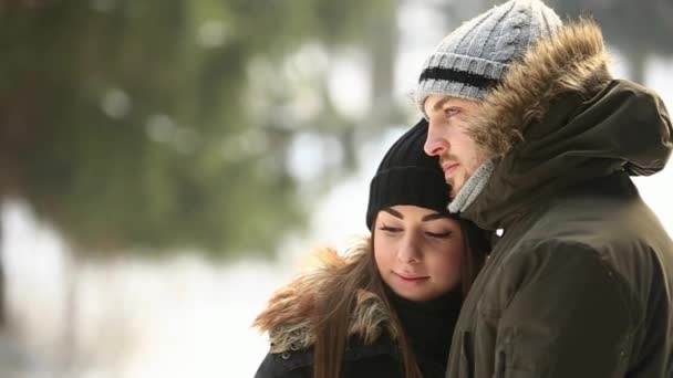 美しいカップルは公園で時間を過ごした。彼らはお互いをハグします。雪の降る天気 — ストック動画