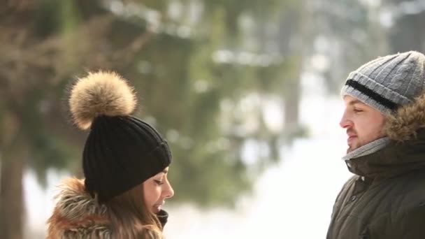 O belo casal passou algum tempo no parque. Abraçam-se um ao outro. Tempo nevado — Vídeo de Stock