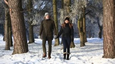 Güzel genç çift kış parkta vakit. Noel ruh. Kız ve erkek birbirlerini seviyorlar. Kış giysileri içinde giyindin