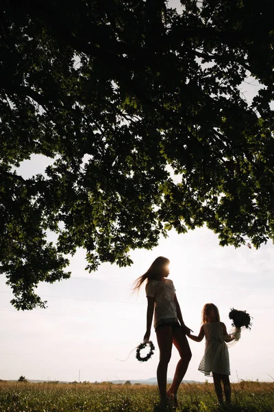 Silhouette di madre e piccola figlia vicino a grande albero — Foto Stock