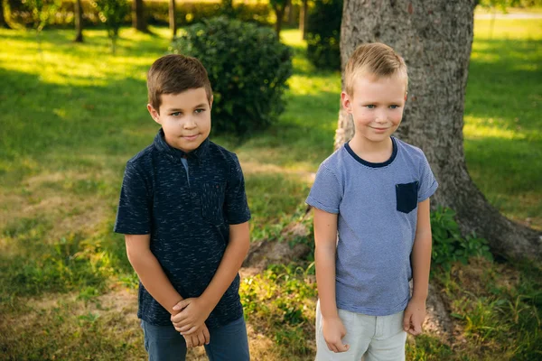 Niños felices en el parque. Dos hermanos. Diez años de edad —  Fotos de Stock