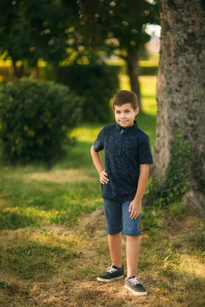 Un ragazzo allegro ha passato del tempo al parco. Dieci anni bambino sorridere e divertirsi — Foto Stock