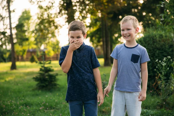 Két gyermek fiú meg séta a parkban a napsütéses nyári napon. Testvérek — Stock Fotó