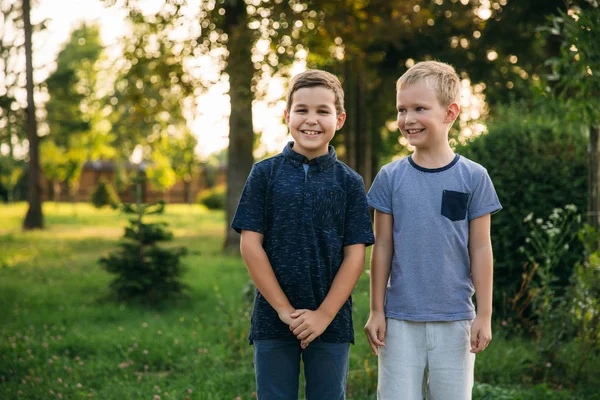 Due bambini ragazzi amici che passeggiano nel parco in una giornata estiva soleggiata. Fratelli — Foto Stock