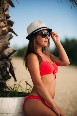 Seksi kız sahilde pembe bir mayo içinde. O büyük palm ayakta durmak. Moda modeli güneş gözlüğü ve şapka