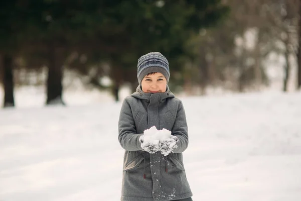 Un bambino cammina nel parco con il tempo invernale, gioca a palle di neve e gioito. Aspettando l'umore natalizio — Foto Stock