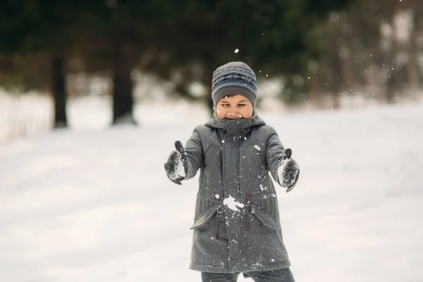 Um garotinho caminha no parque no inverno, joga bolas de neve e se alegra. À espera de clima de Natal — Fotografia de Stock