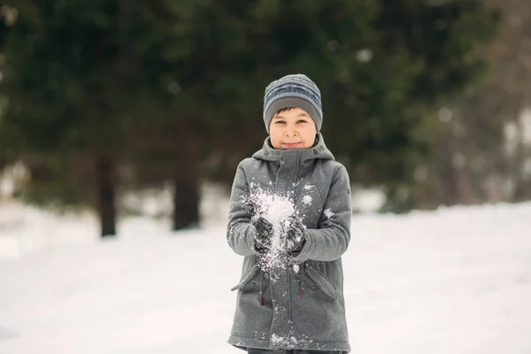 A little boy walks in the park in the winter weather, play snowballs and rejoiced. Waiting for Christmas mood — Stock Photo, Image