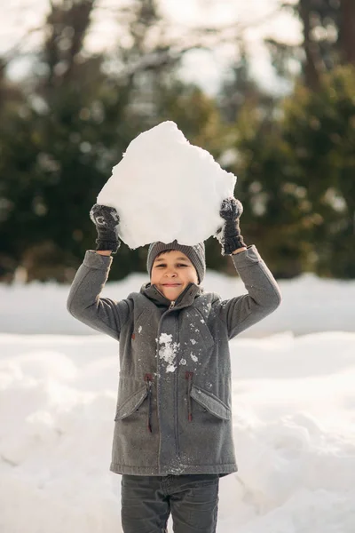 Um garotinho caminha no parque no inverno, joga bolas de neve e se alegra. À espera de clima de Natal — Fotografia de Stock