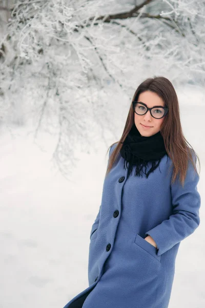 Gyönyörű fiatal nő, fekete szemüveg viselése tél bevon befest kobalt kék és fekete sál fedi hópelyhek. Háttér, fehér fa — Stock Fotó