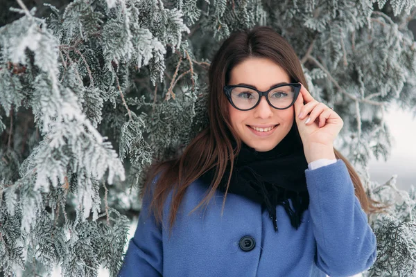 Boldog fiatal nő visel a sál és a kék kabát portréja a karácsonyfa mellett áll. fekete szemüveg — Stock Fotó