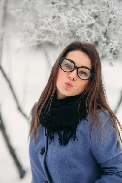 Beautiful winter portrait of young woman in the winter snowy scenery. New year — Stock Photo, Image