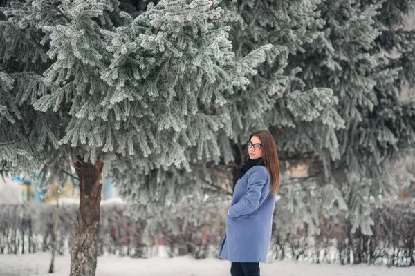 Elegáns hölgy, kék kabát állni a karácsonyfa közelében. Boldog Új Évet — Stock Fotó