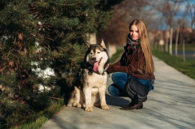 Gülümseyen bir kız ile bir köpek set boyunca yürüyor. Güzel husky köpek