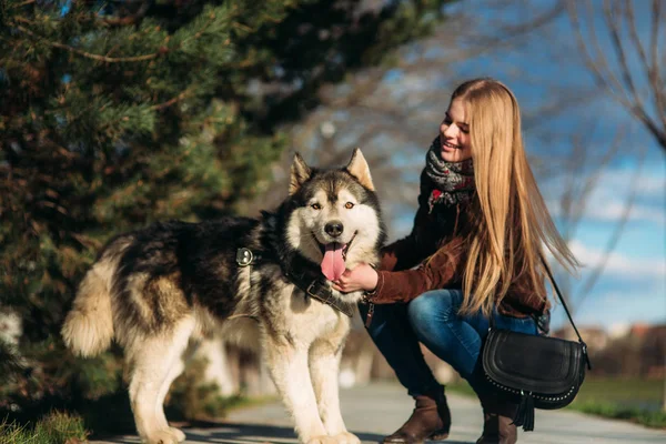Usmívající se dívka chodí se psem po nábřeží. Krásný husky pes — Stock fotografie