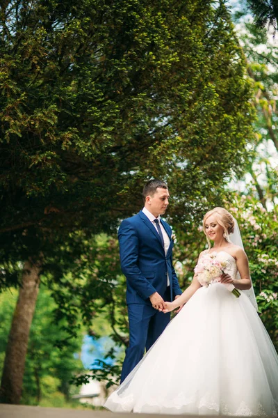 Glücklicher Bräutigam und Braut spazieren am Hochzeitstag im Park — Stockfoto