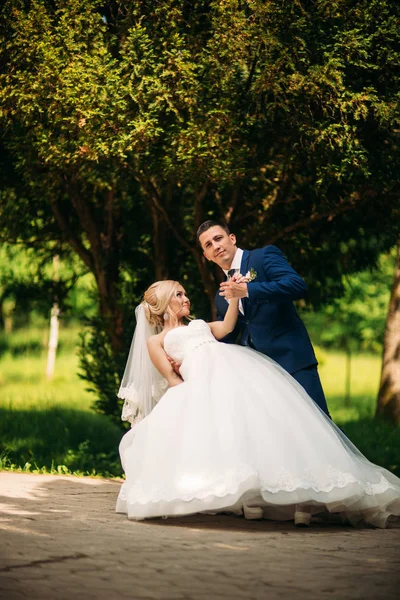 Feliz noivo e noiva caminham no parque no dia do casamento — Fotografia de Stock