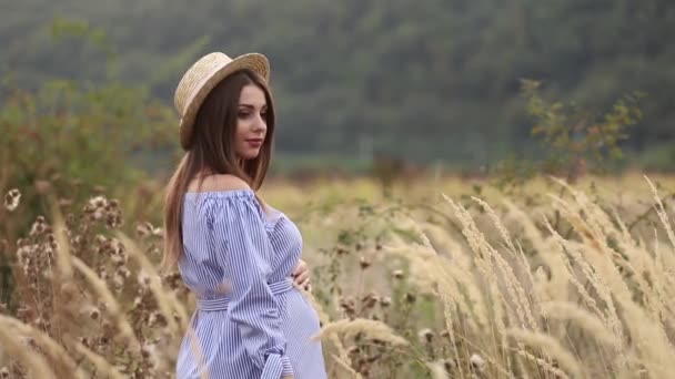 Těhotná žena v přírodě vyzkoušet na pletené čepice. Pozadí pole a bílé fance poblíž farmy. hory — Stock video