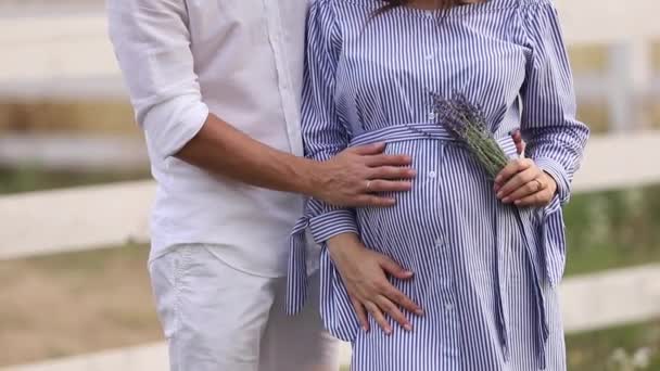 Terhes nő és férfi ölelni egymást, és megmutatni szeretetüket. Pár kislány vár. Videóinak — Stock videók