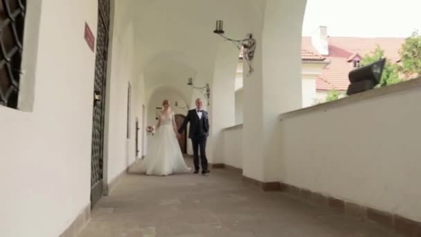 Hermosa pareja caminando en el castillo. Hombre guapo y mujer ternura — Vídeo de stock