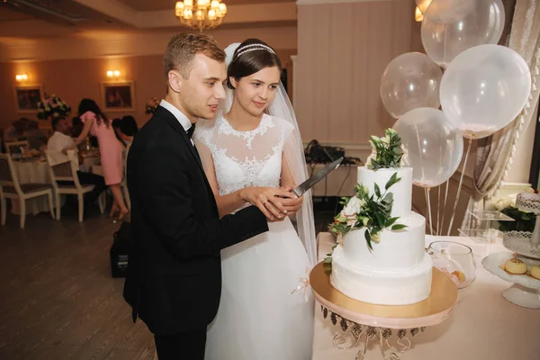 Жених и невеста стоят у свадебного торта. Свадебная пара режет торт на свадьбе — стоковое фото