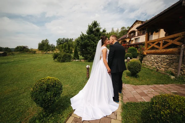 Arkadan görünüm damat ve gelin. Çift evlerinin arka bahçesinde üzerinde yürüyor — Stok fotoğraf