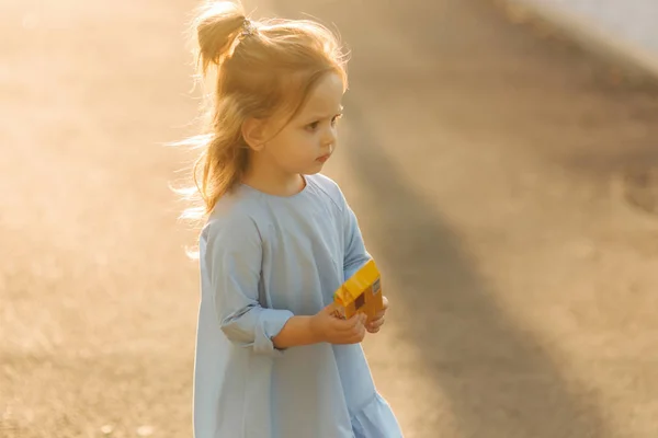 Niña en vestido azul caminar en el parque — Foto de Stock