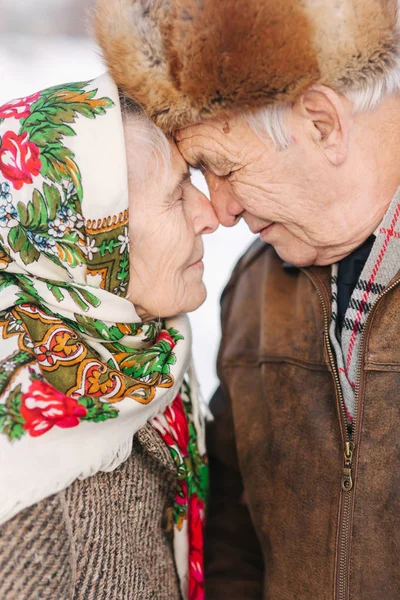 幸福的老夫妇的肖像。老年妇女亲吻她的丈夫在重量。冬天的时候, 老夫妇在公园里散步。幸福的家庭。黄金婚礼 — 图库照片