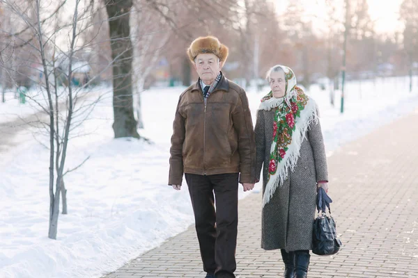 Romantiska senior par walkink i parken i vintertid. Kärlek för evigt. bakgrund av vit vinter snö — Stockfoto