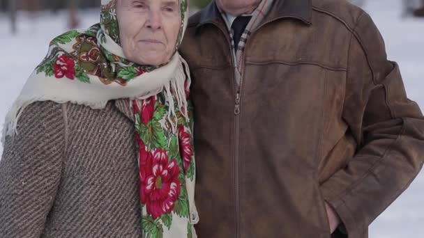Ηλικιωμένο ζευγάρι χαλάρωσης το χειμώνα στο πάρκο. Χαρούμενος ο παππούς και η γιαγιά περπάτημα μαζί — Αρχείο Βίντεο