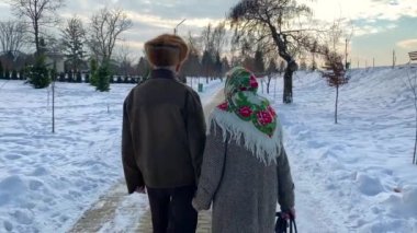 Arkadan görünüşü yaşlı çift Park'ta yürüyordunuz. Mutlu yaşlı insanlar toghether yine de yıl