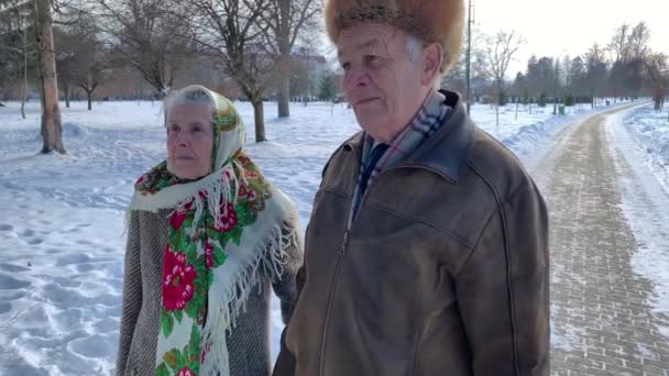 Romantic senior couple walkink in the park in winter time. Love forever — Stock Video