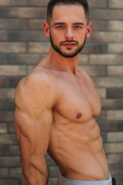 Jeune athlète posant avec un torse pour la photographie sur un fond de mur de briques. Bodybuilder, athlète avec muscles pompés, sauvetage des seins et des bras — Photo