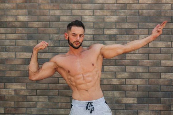 Young athlete posing with a torso for photography on a brick wall background. Bodybuilder, athlete with pumped muscles, breast and arm rescue — Stock Photo, Image