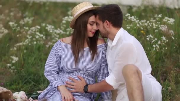 Future mom and dad sits in field. Pregnant woman with her husband put their hands on belly — Stock Video