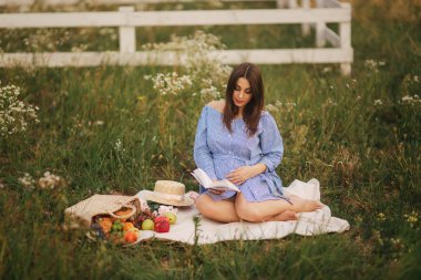 Genç hamile kadın alanında oturuyordu ve rahatla. O bir meyve sepeti aldı. Yaz