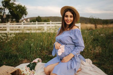 Sevimli hamile kadın te fieln ekose üzerinde oturuyor. Kadın mavi elbise giymiş ve şapka örme. Bir meyve sepeti götürdü. Çiftlik arka plan