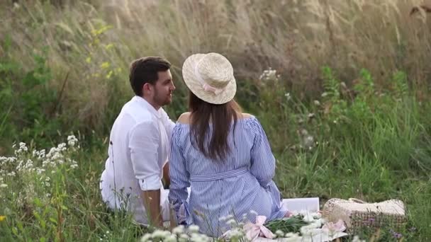 Los futuros padres se sientan en el campo. Embarazada con su marido puso sus manos en el vientre — Vídeos de Stock