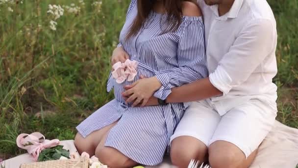 Közelkép az ember terhes nő mezőben. Fű — Stock videók