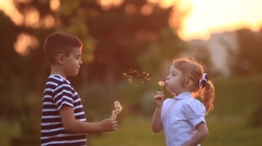 Küçük erkek ve kız çalıştırmak ve yürütmek. Karahindiba patlattılar. günbatımı