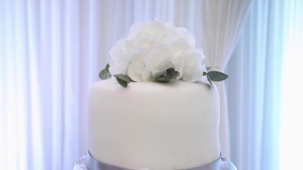Gyönyörű esküvői torta virágokkal díszített. Fehér és ezüst színű torta — Stock videók