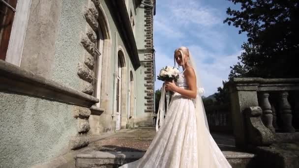 Geordeus bdire mit elegantem Brautkleid steht auf der Treppe mit Blumenstrauß am Palast — Stockvideo