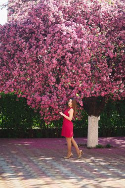 Güzel Bayan stand büyük çiçek açan ağaç voilet rengine göre. Mutlu kız makyaj bahar ile