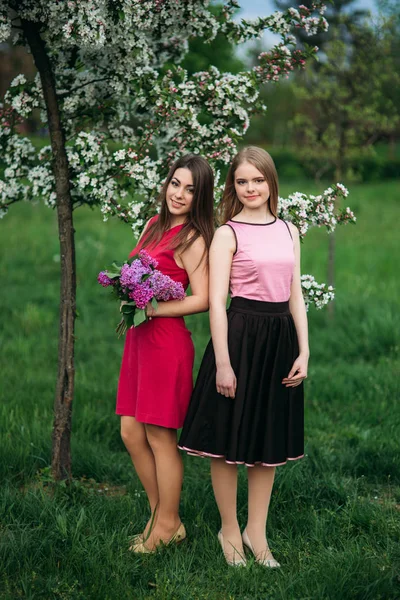 Two sisters walking outside in spring park. They hold a bouqet of lilac and smile — Stock Photo, Image