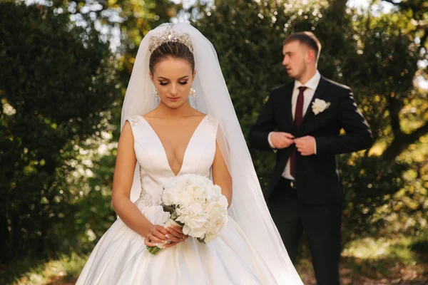 Gli sposi stanno camminando nel parco. Matrimonio coppia in autunno — Foto Stock